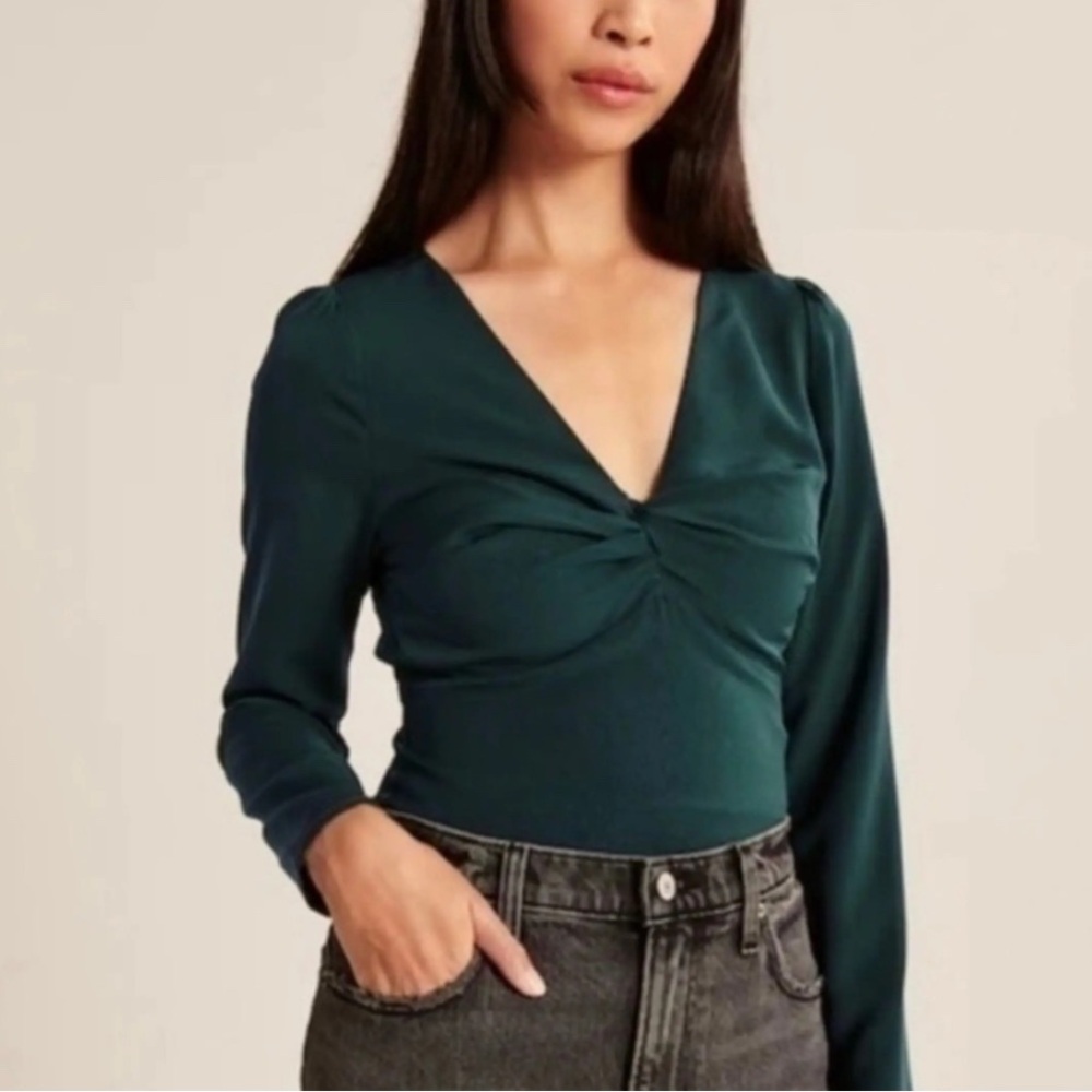 Abercrombie & Fitch Deep Emerald Green V-Neck Long Sleeve Twist Front Top